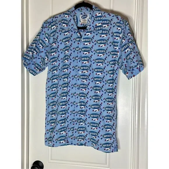 Nerds blue men’s cotton short sleeve funky button down shirt size S - Picture 3 of 6